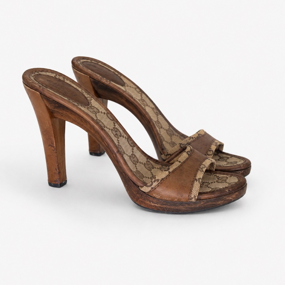Gucci Brown Monogram Slip-On Heels - Picture 4 of 6